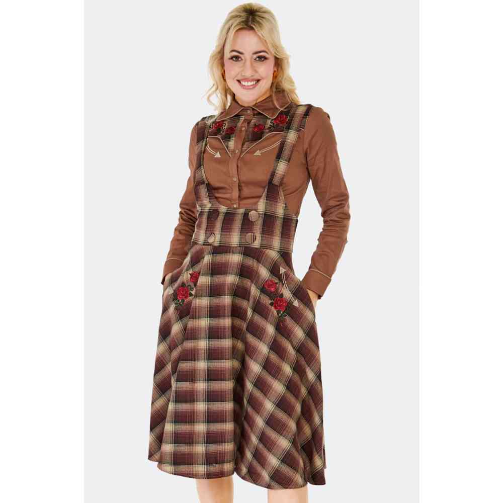 Voodoo Vixen - Western Embroidered Plaid Flare Rok - Bruin